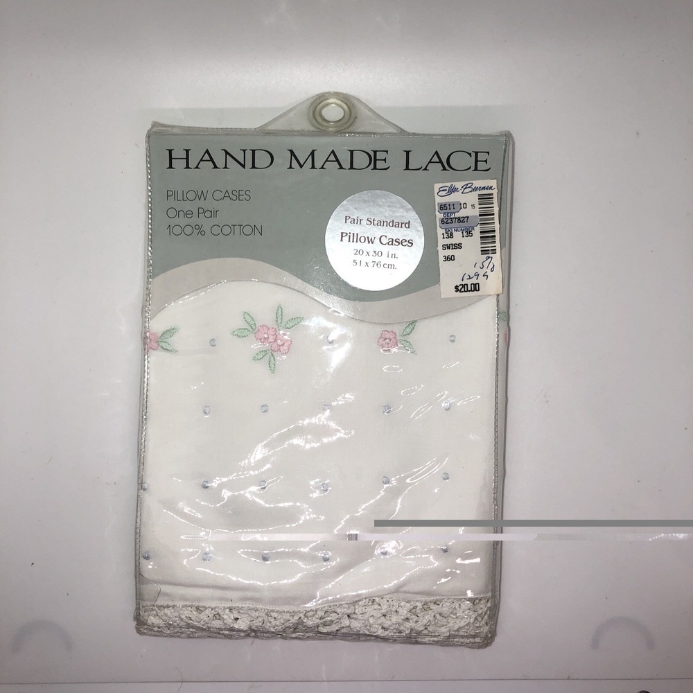 Handmade Lace SWISS FLORAL Dot Rose Pillowcase Pair Standard 100% Cotton NEW